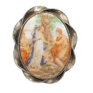 Vintage Fragonard Transfer Sensual Couple Silver Toned Brooch Dress Pin Pendant